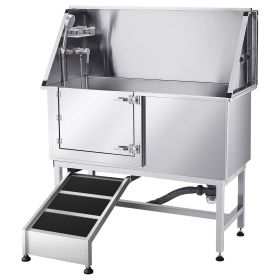 Stainless Steel Dog Washing Station, 50 inch Pet Grooming Tub w/ Ramp, PE Water Filter Board