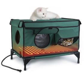 Waterproof Heated Cat House Outdoor Weatherproof Insulated Kitty Shelter Feral Cat Heating Bed with Heating Pad Anti-Chew Cord 2 Doors 3 Windows